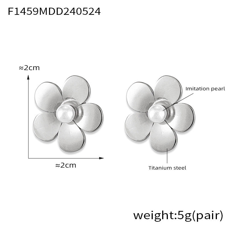 B廠【F1459】歐美時尚簡約輕奢鑲嵌貝珠花朵耳環女冷淡風小眾設計復古鈦鋼耳飾 24.05-5