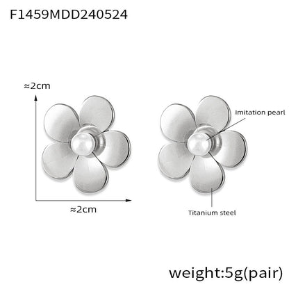 B廠【F1459】歐美時尚簡約輕奢鑲嵌貝珠花朵耳環女冷淡風小眾設計復古鈦鋼耳飾 24.05-5