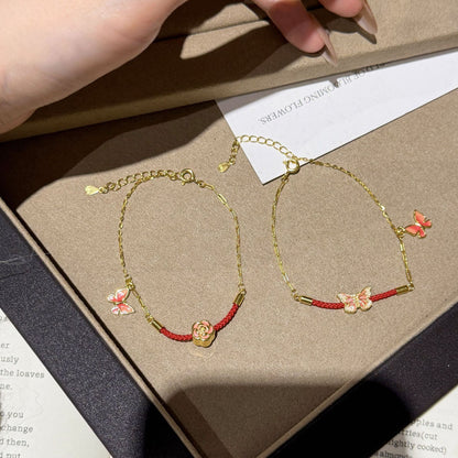 E廠【XDQ0020S】新中式琺瑯蝴蝶手鍊女S925純銀輕奢簡約花朵紅繩氣質手飾
 25.12-3