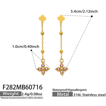 B廠【F282】歐美甜美風不鏽鋼鍍18k金 鑲嵌鋯石四葉花長吊墜耳環時尚飾品女
 26.07-4