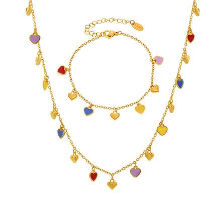 B廠【TXP236】絢彩滴油多愛心吊墜配件鎖骨鏈小眾設計感手鍊不銹鋼套裝女 25.03-4