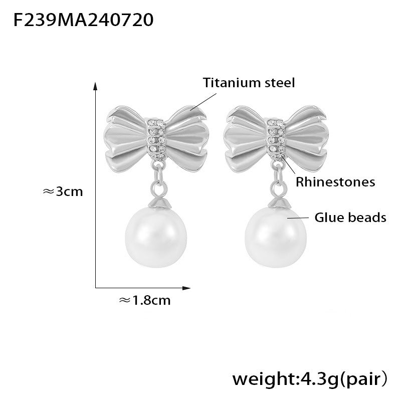 B廠【F239】巴洛克天然仿珍珠耳環女法式復古蝴蝶結鑲鑽耳環鈦鋼鍍金輕奢耳飾 24.07-4