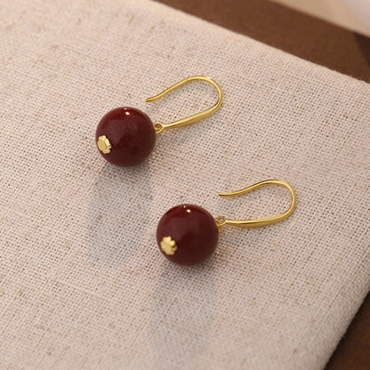 D廠【YC3453E】S925銀國潮硃砂耳鉤女民族風紅復古極簡圓形新中式耳環 25.02-2