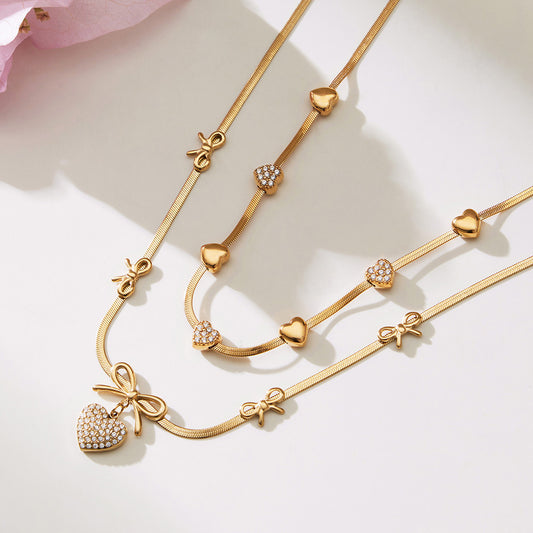 B廠【TXP499】不銹鋼蝴蝶結愛心鋯石滿鑽吊墜刀片鍊手鍊項鍊首飾組鍍18k真金
 25.11-4