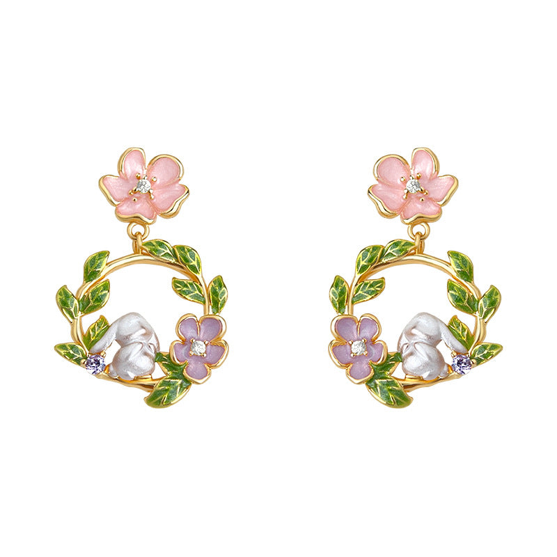 C廠【6922】原創森系童話故事！ 925銀針彩繪花環兔子可愛甜美小香風耳飾 耳環
 25.10-4