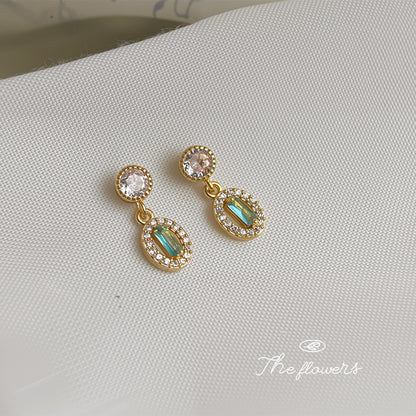 A廠【5706】微鑲鋯石實物很美！很閃！海藍寶色幾何迷你小巧通勤清新耳環耳環 25.03-3