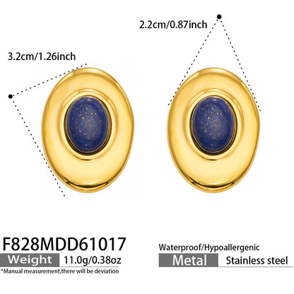 B廠【F828】港風橢圓青金石耳墜不鏽鋼鍍18k金復古耳環
 26.10-4