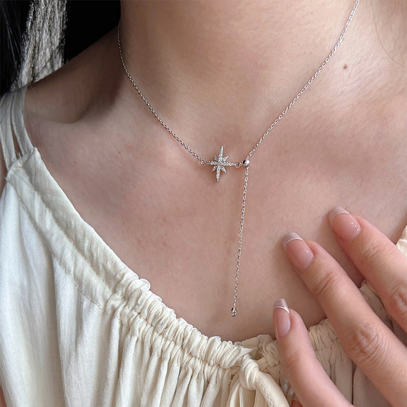 F廠【DQ0050N】S925純銀精緻八芒星項鍊女小眾設計高級感鋯石流蘇鎖骨鍊頸鍊
 25.09-1