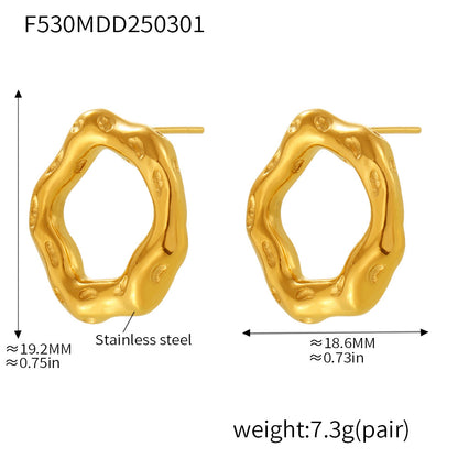 B廠【F530】小眾環形岩溶戒指耳環歐美時尚簡約首飾不鏽鋼18K真金套裝 25.03-1