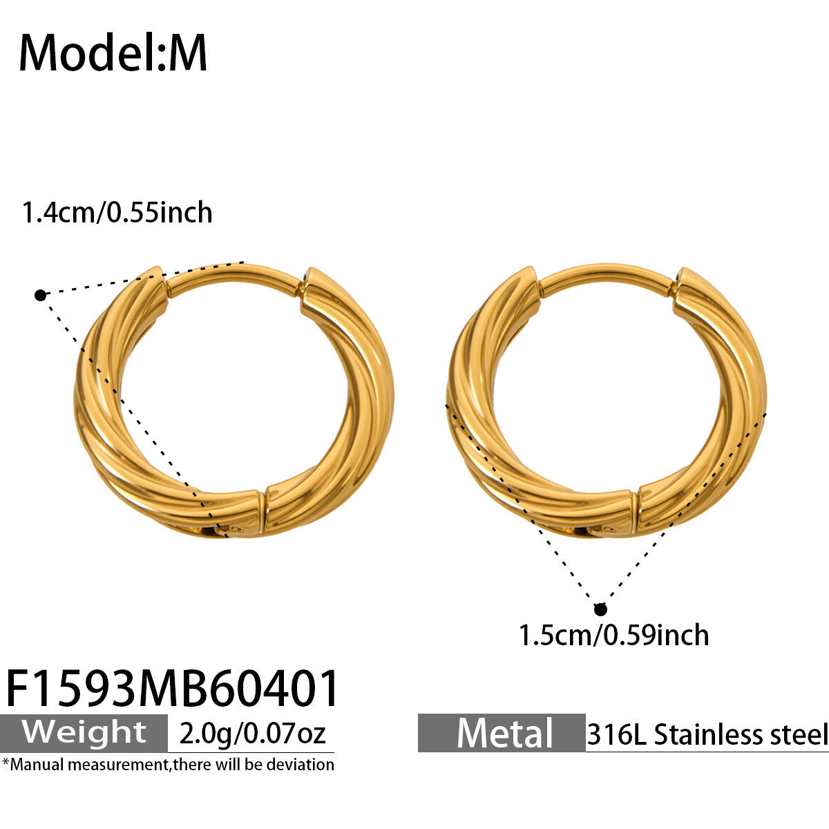 B廠【F1593】亞馬遜熱賣不鏽鋼鍍18k金扭紋耳圈小眾高級感輕奢耳飾不掉色
 26.04-3