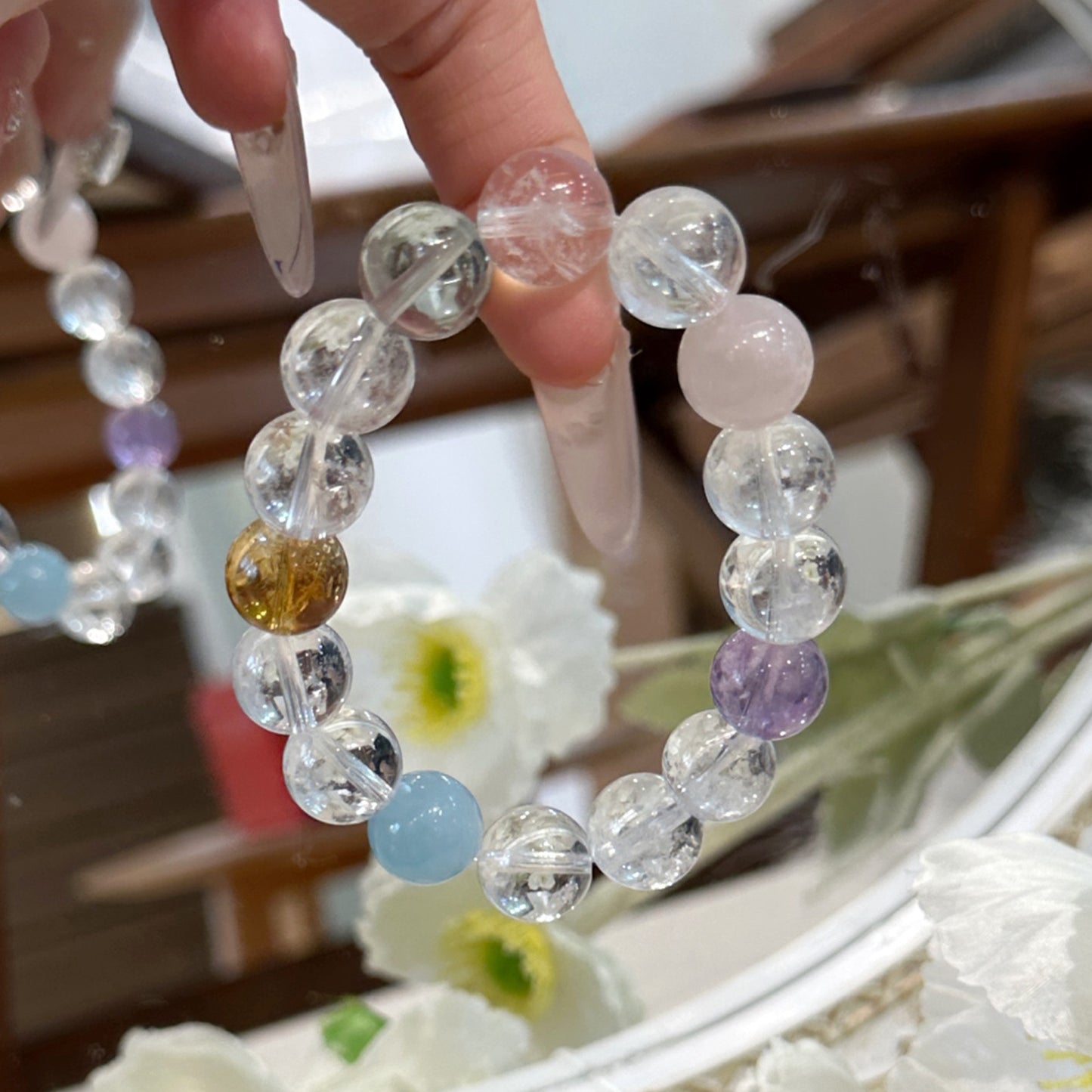 A廠【vsl2732】天然白阿塞紫水晶多寶手鍊女款黃塔晶粉晶海藍寶串珠手串
 26.08-3
