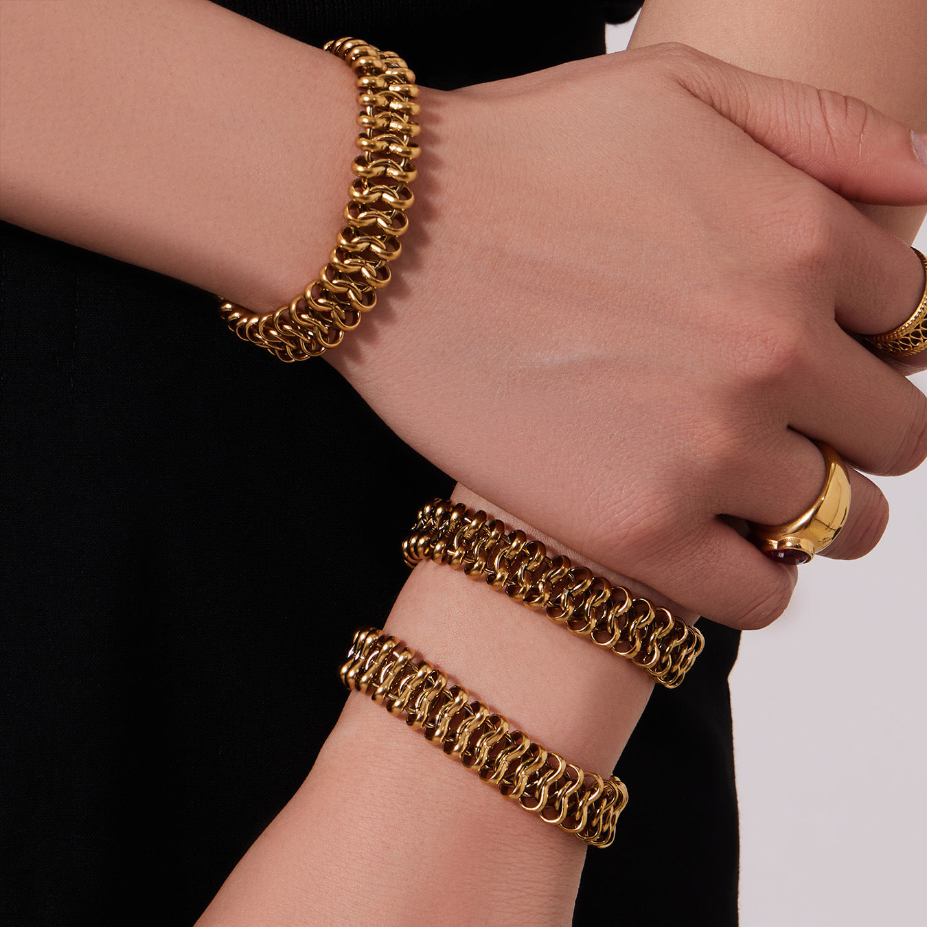 B廠【TXP565】歐美新款手工編織古巴嘻哈項鍊手鍊潮人街舞不鏽鋼18k金飾品套裝
 26.03-2