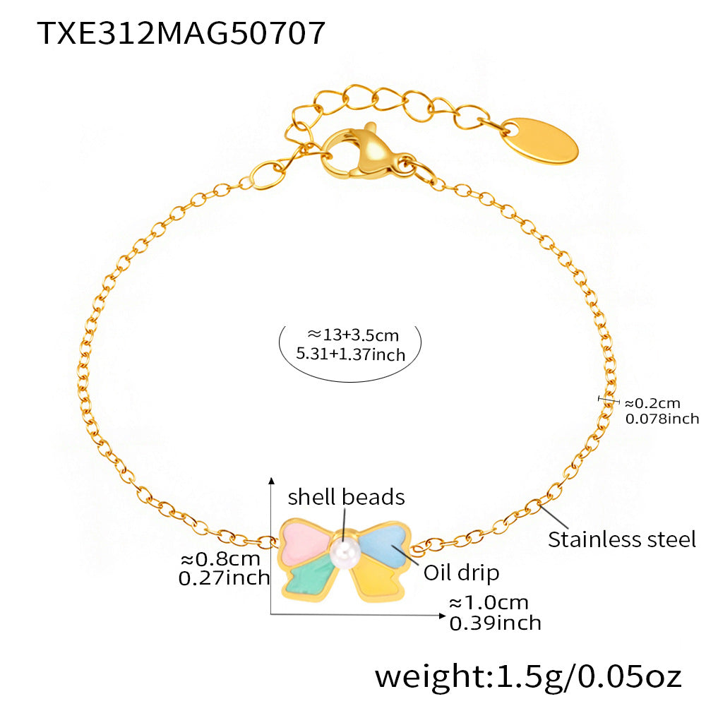 B廠【TXP312】新款兒童飾品不鏽鋼貝殼珠蝴蝶結滴油項鍊手鍊戒指耳環套裝 25.07-2