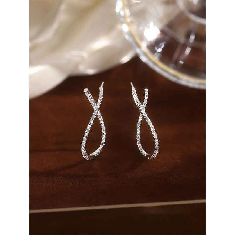 E廠【XDQ10623E】S925純銀莫比烏斯大圈耳環女幾何弧形交叉鋯石耳環冷淡風耳飾
 25.12-2