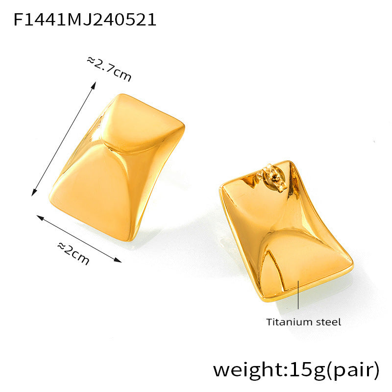 B廠【F1441】歐美時尚個性耳環鍍18K真金鈦鋼長方形凹凸光面耳環不褪色耳飾 24.05-5