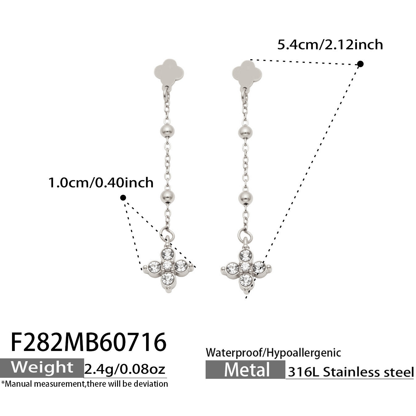 B廠【F282】歐美甜美風不鏽鋼鍍18k金 鑲嵌鋯石四葉花長吊墜耳環時尚飾品女
 26.07-4