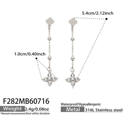 B廠【F282】歐美甜美風不鏽鋼鍍18k金 鑲嵌鋯石四葉花長吊墜耳環時尚飾品女
 26.07-4