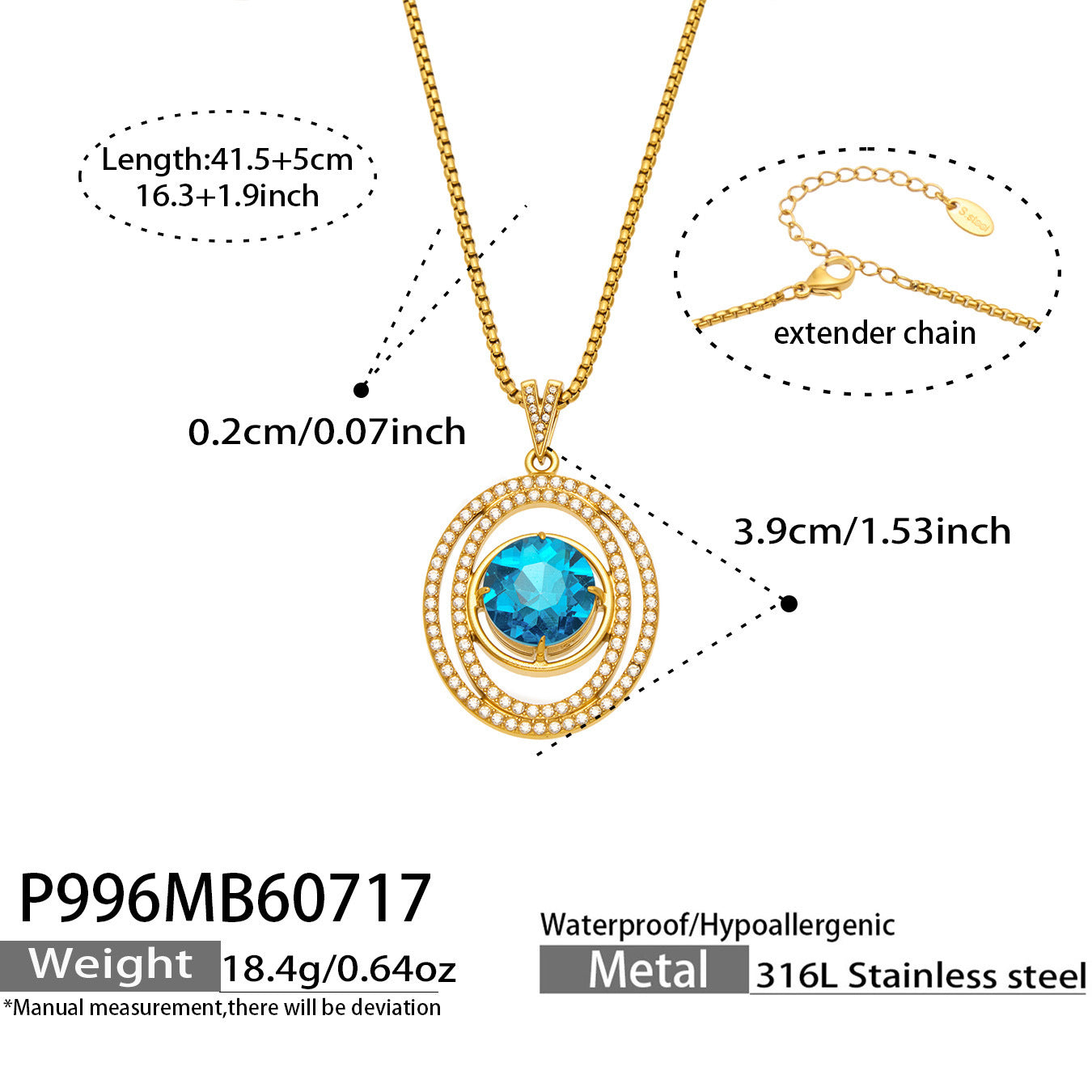 B廠【P996】新款時尚風潮鈦鋼鍍18金海藍玻璃5A鋯石吊墜項鍊百搭飾品鎖骨鍊女
 26.07-4