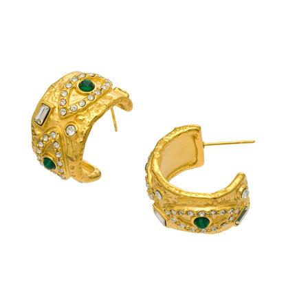 B廠【TXF090】歐美ins小眾設計幾何C型耳環鑲嵌綠松石水鑽高質感耳飾不銹鋼材質
 26.03-3