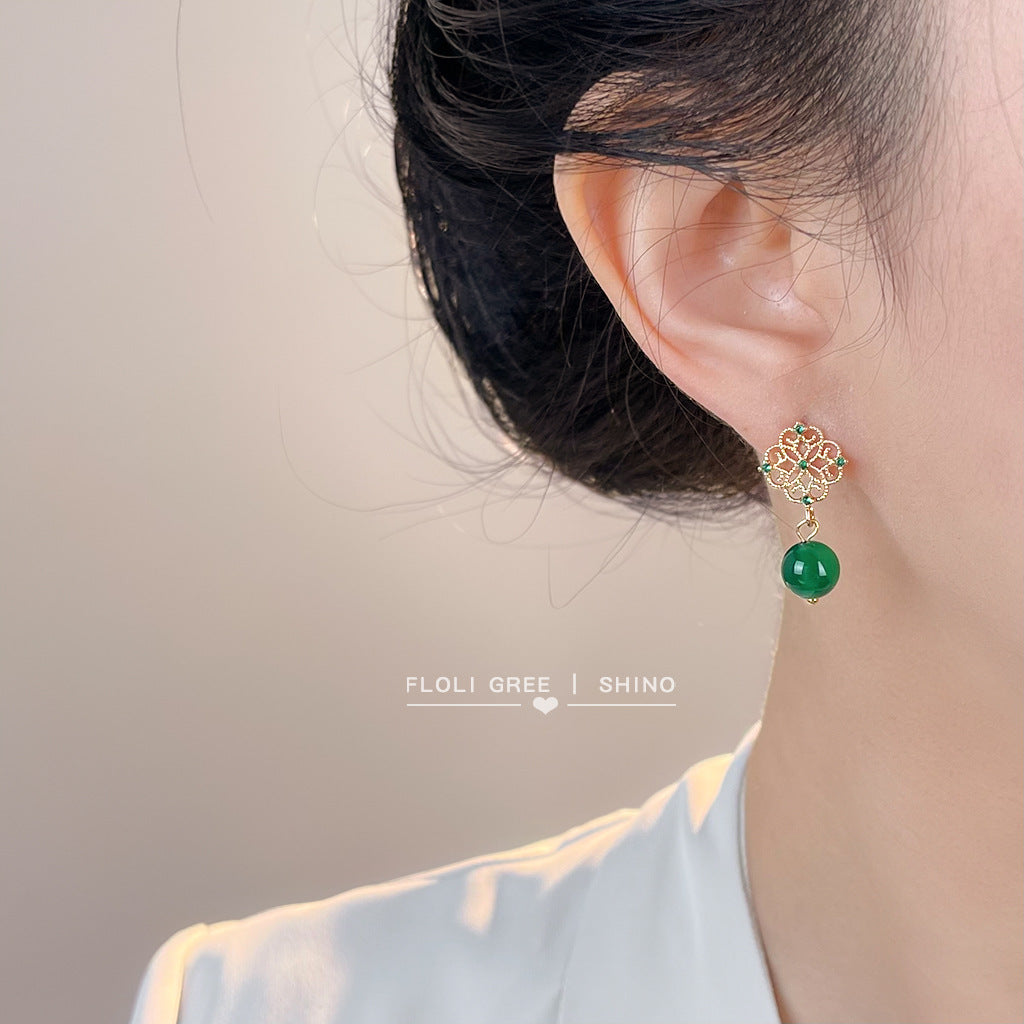 C廠【7068】國潮新中式微鑲鋯石綠瑪瑙鏤空蕾絲新款手工耳飾女
 25.11-2