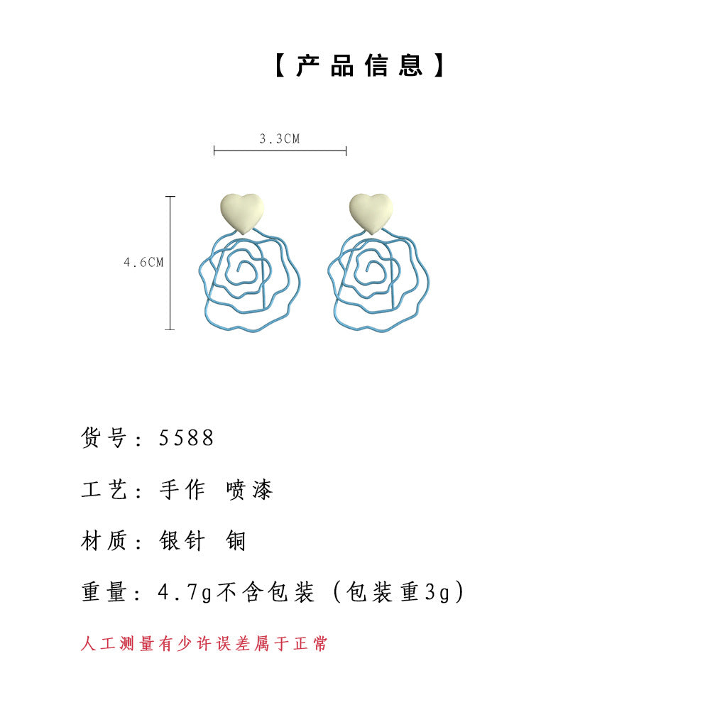 C廠【5588】藝術氣息！鏤空烤漆誇張玫瑰花清新藍夏日新款甜美耳環女 25.02-4