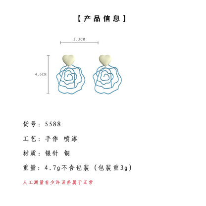 A廠【5588】藝術氣息！鏤空烤漆誇張玫瑰花清新藍夏日新款甜美耳環女 25.02-4