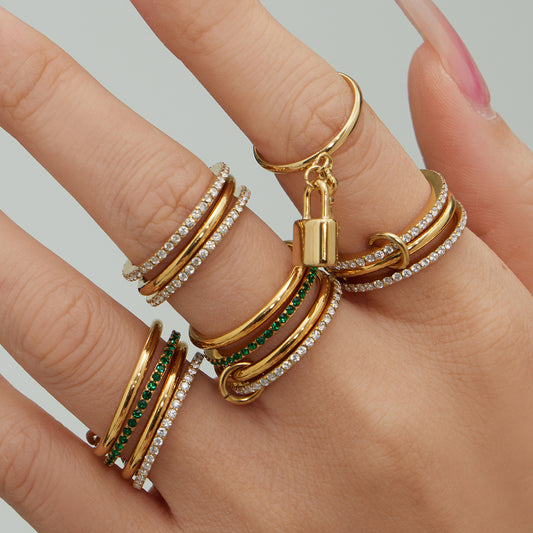 B廠【A392】微鑲鋯石小鎖鑰匙流蘇開口戒指精緻疊戴三環5A鋯石個性不鏽鋼指環
 25.12-3