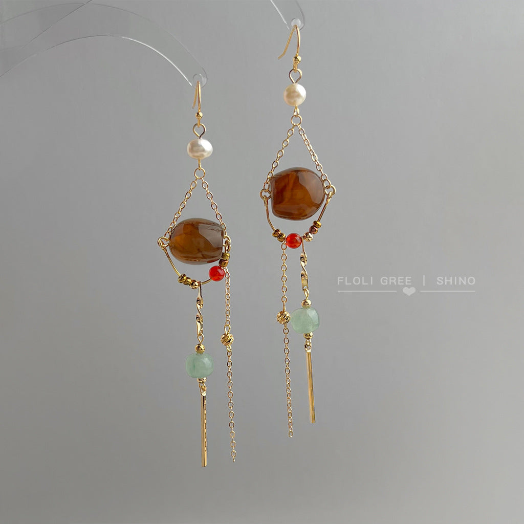 A廠【6935】設計師手工作品！長版文藝復古淡水珍珠美拉德風流蘇耳環
 25.10-3