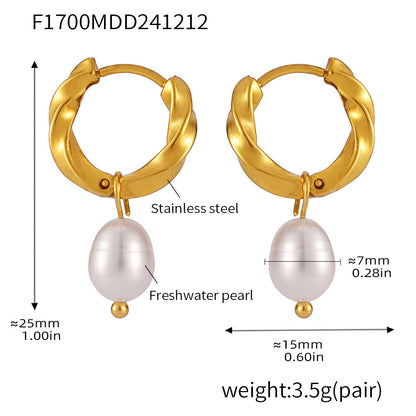 B廠【F1700】歐美不鏽鋼麻花扣天然淡水珍珠耳環耳環PVD電鍍18K真金耳飾 24.12-3