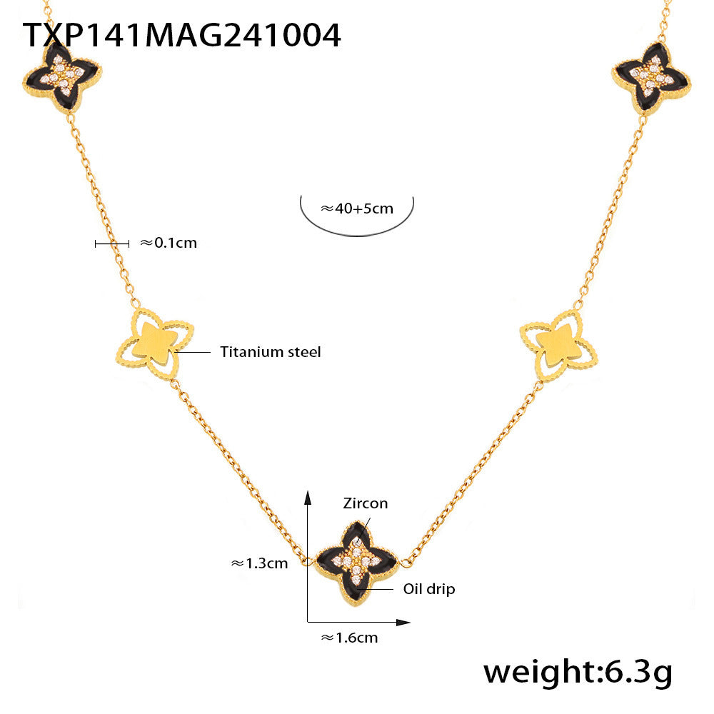 B廠【TXP141】歐美跨境滴油四葉花鋯石滿鑽手鍊項鍊小眾設計女生款閨蜜鈦鋼套裝 24.10-2