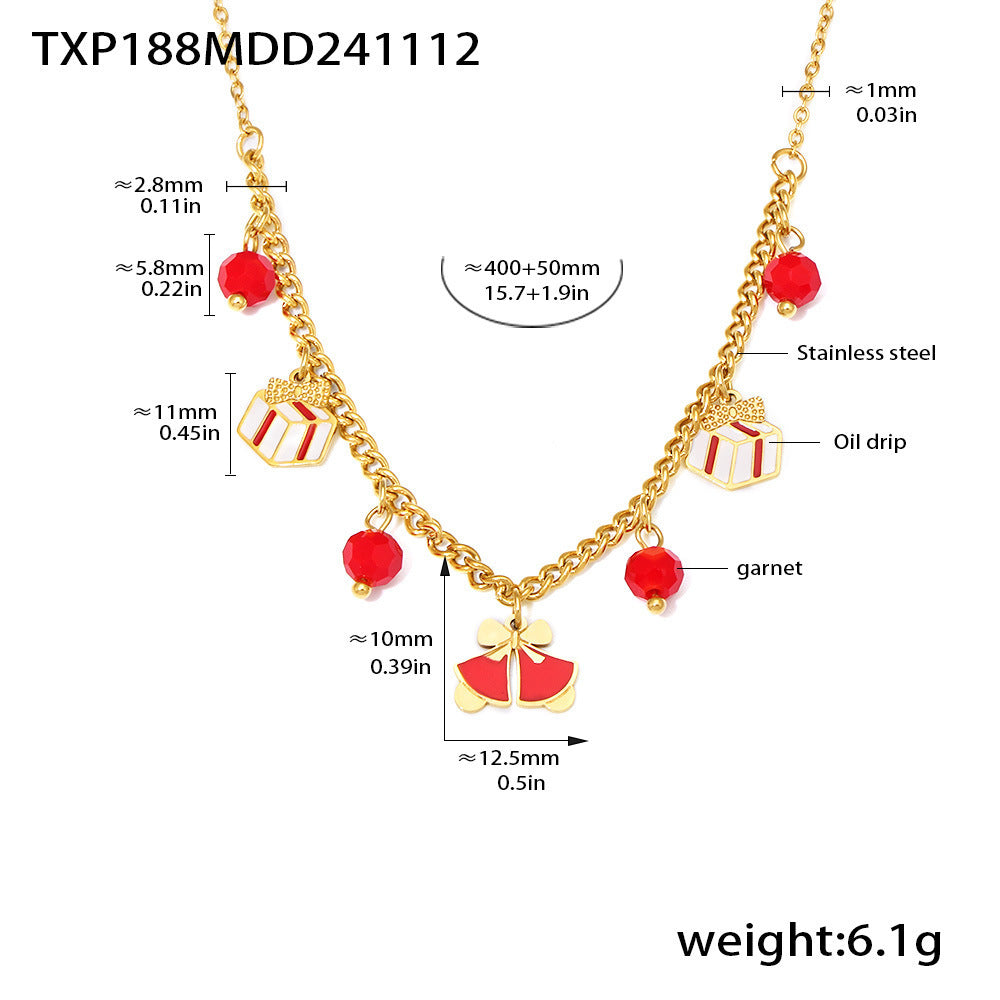 B廠【TXP188】石榴石琺瑯彩釉聖誕元素幾何吊飾項鍊手鍊耳環不鏽鋼套裝 24.11-5