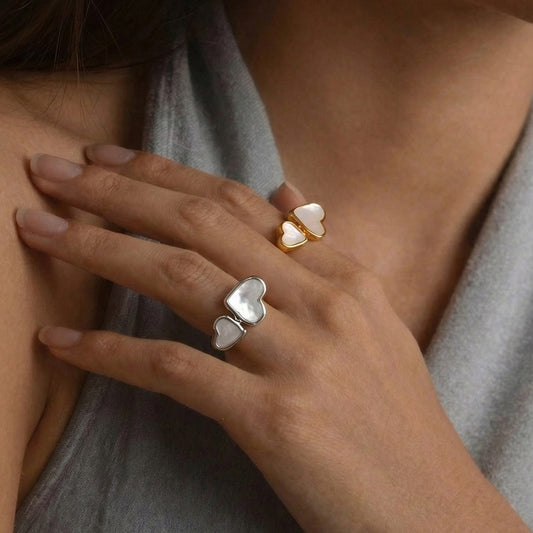 B廠【A045】歐美跨境幾何雙愛心開口天然貝母戒指不鏽鋼鍍18k真金氣質手飾品
 26.01-2