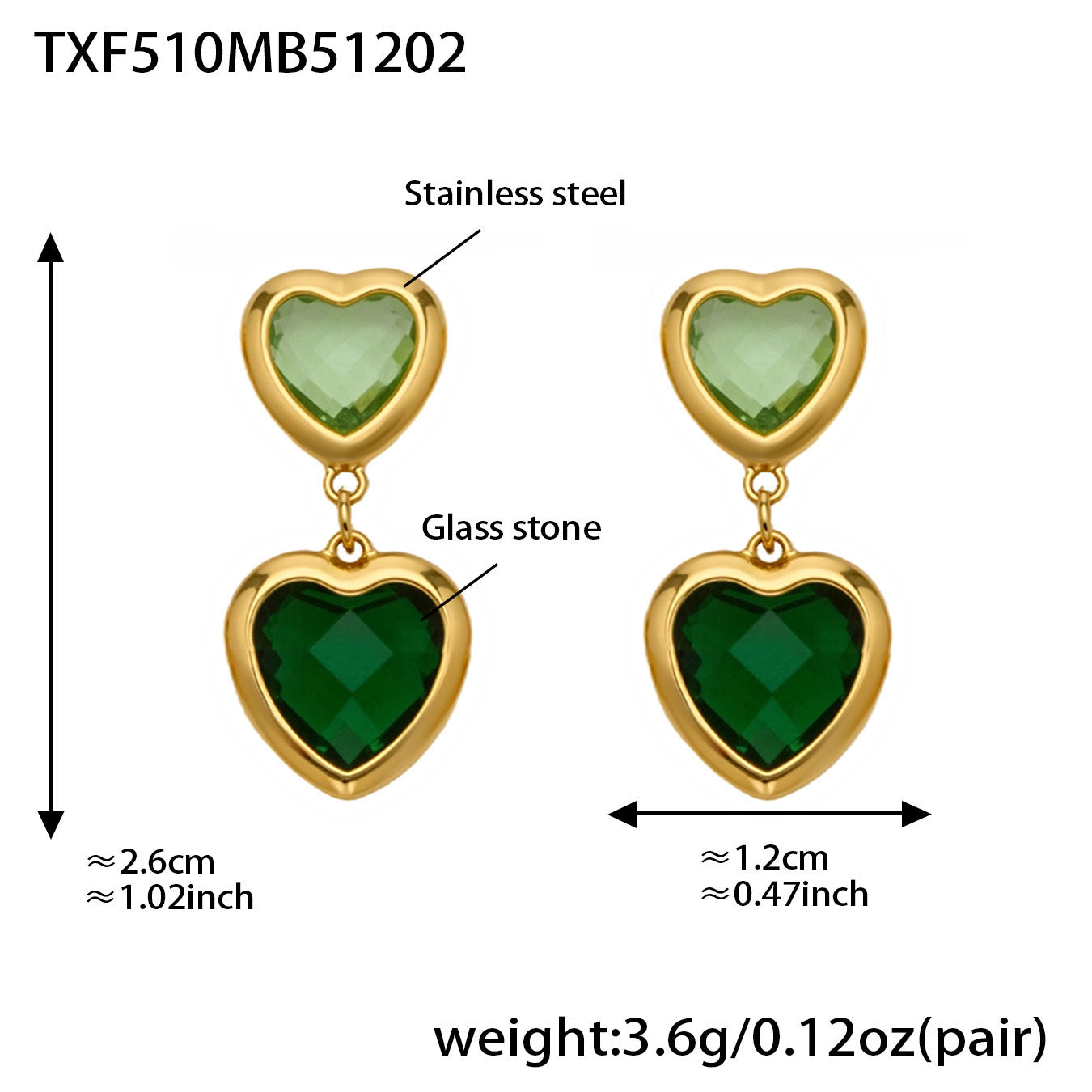 B廠【TXP510】不鏽鋼愛心切麵包邊玻璃石鋼珠項鍊手鍊耳環組鍍18k真金不掉色
 25.12-2
