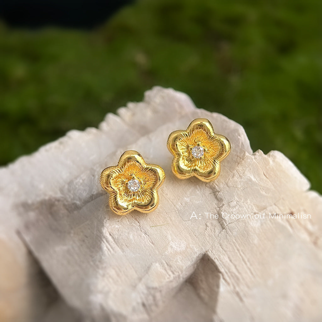 A廠【6458】文藝復古中古風簡約小巧鍍銀針鍍14K拉絲質感花朵鋯石耳環耳飾女
 26.06-4