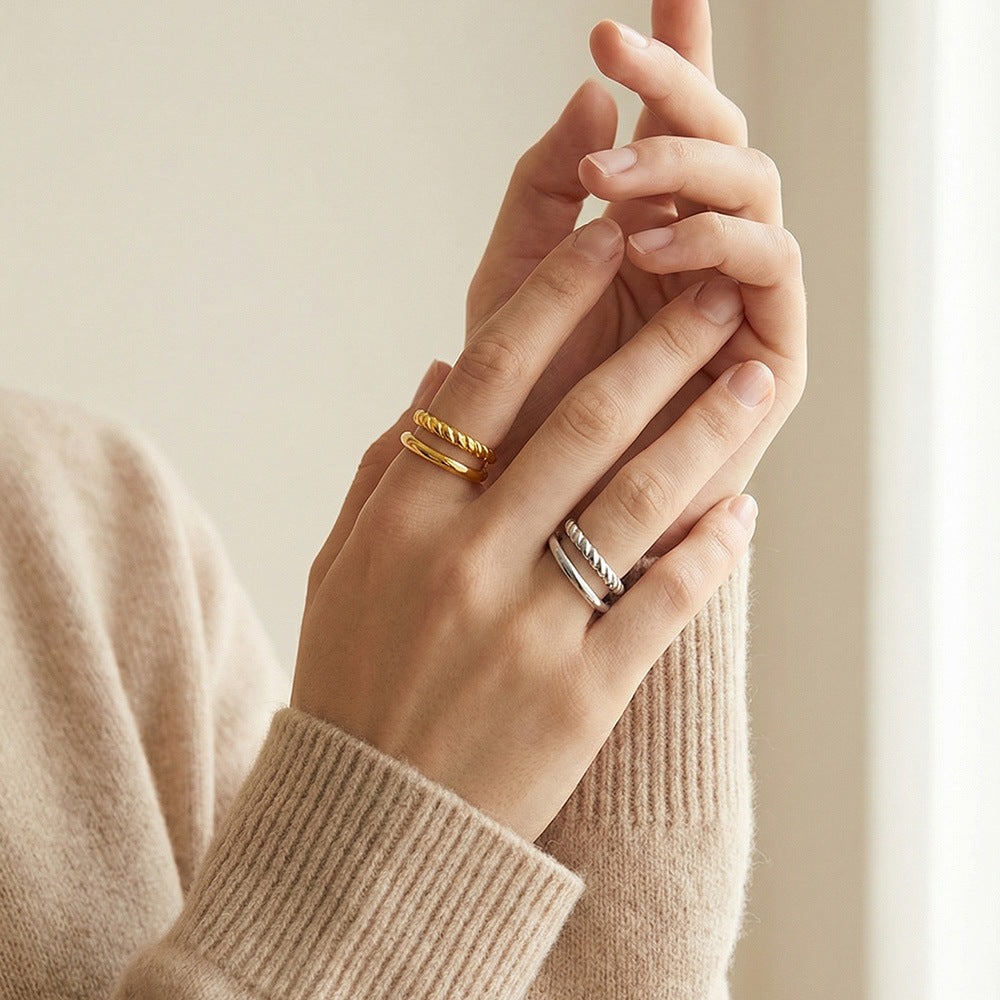 B廠【A123】歐美時尚簡約麻花雙層開口戒指不鏽鋼鍍18k真金氣質開口女士戒指
 26.02-1