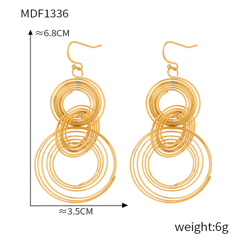 B廠【F1336】歐美長個性鈦鋼鍍金多層圓圈耳環女式新款誇張彈簧型大圓耳墜 24.03-2