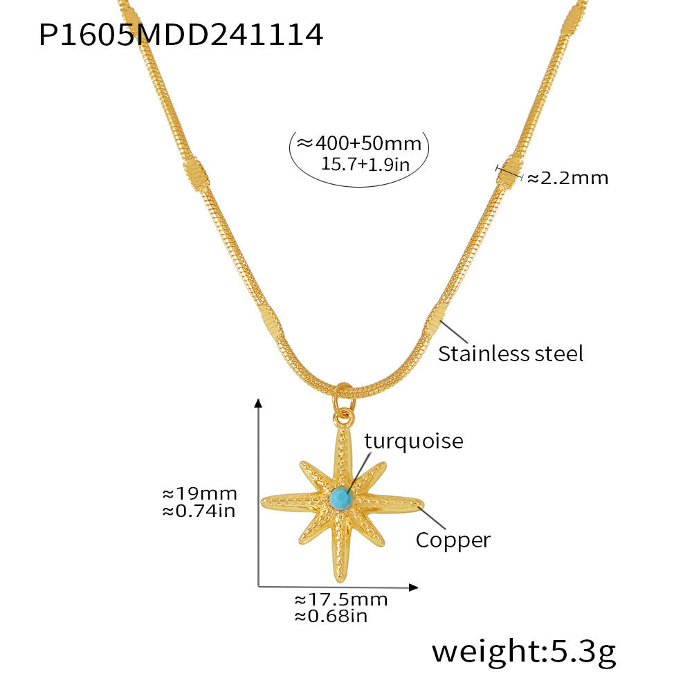 B廠【P1605】 八芒星藍松石黃銅吊墜鎖骨項鍊跨境小眾氣質鍍18k真金首飾 24.11-5