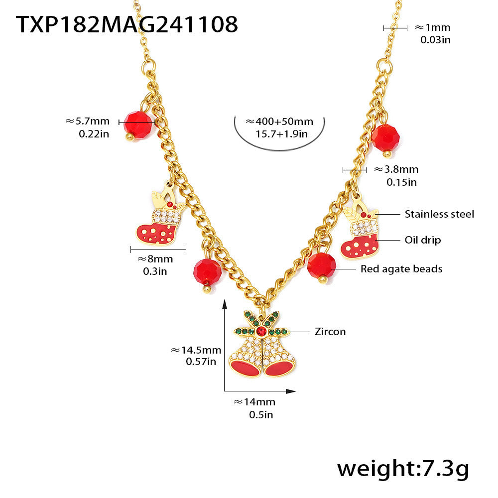 B廠【TXP182】不銹鋼鋯石滴油鈴鐺切面紅瑪瑙項鍊手鍊耳環聖誕節套裝禮物 24.11-3