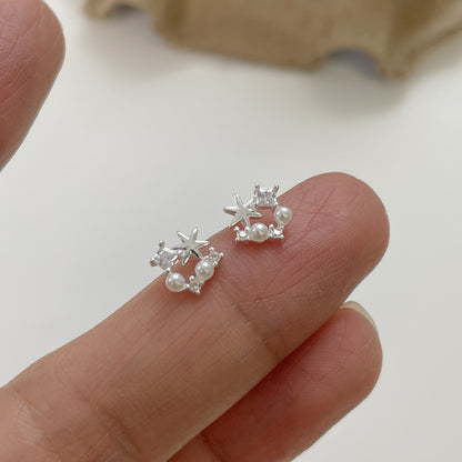 F廠【XDQ11348E】S999純銀簡約氣質六芒星耳環女甜美精緻仿珍珠高級感百搭耳飾
 25.11-2