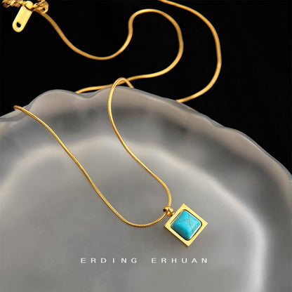 A廠【5653】不銹鋼歐美跨境時尚復古小眾方塊合成綠松石吊墜鈦鋼螺紋鏈條項鍊 25.03-1