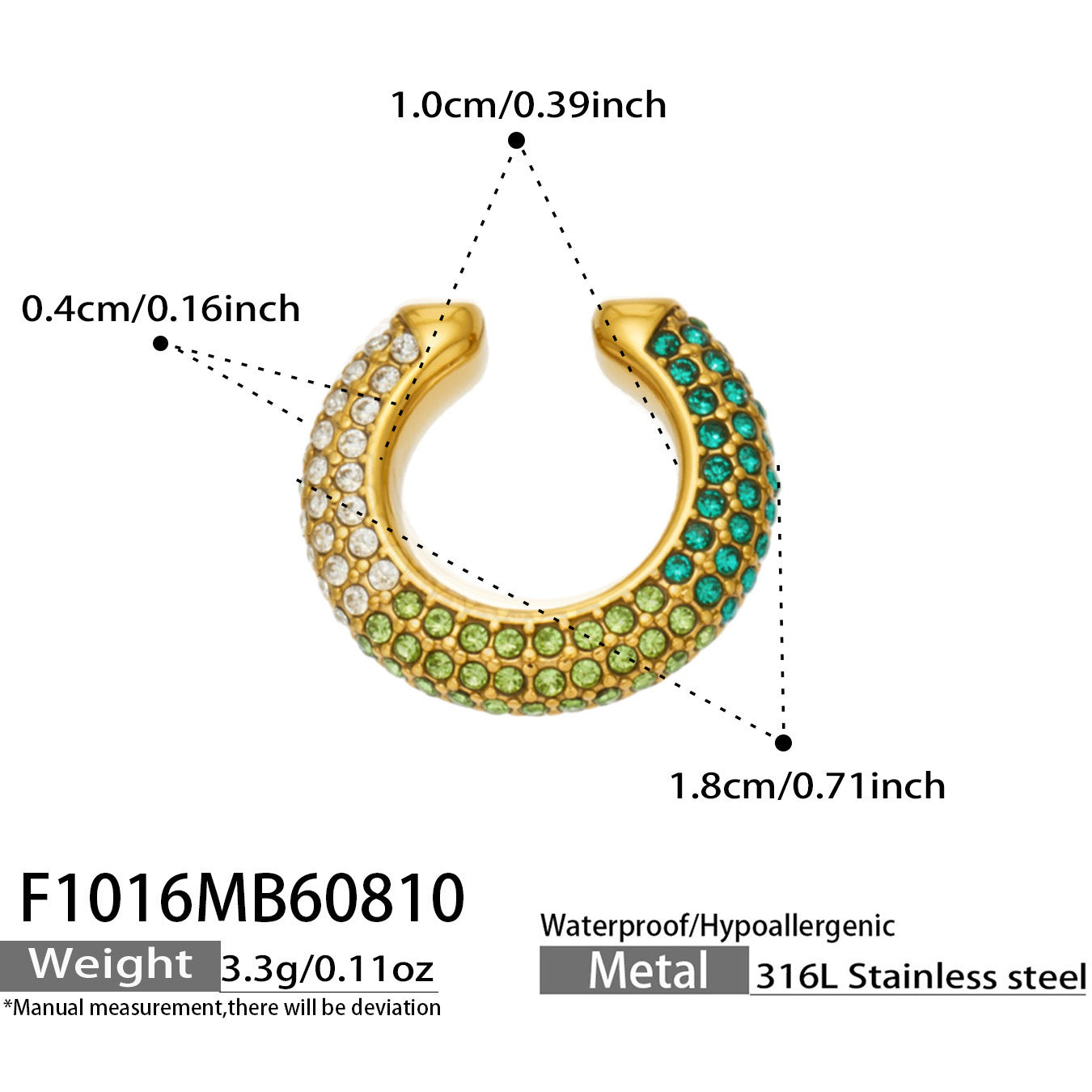 B廠【F1016】跨境新款C型鑲彩鋯石爆閃無耳洞耳環鈦鋼鍍金百搭輕奢女飾品耳環
 26.08-2