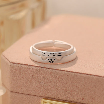 D廠【YC3836R】S999足銀可愛小狗貓咪情侶款對戒情人節禮物ins搞怪指環 25.02-2
