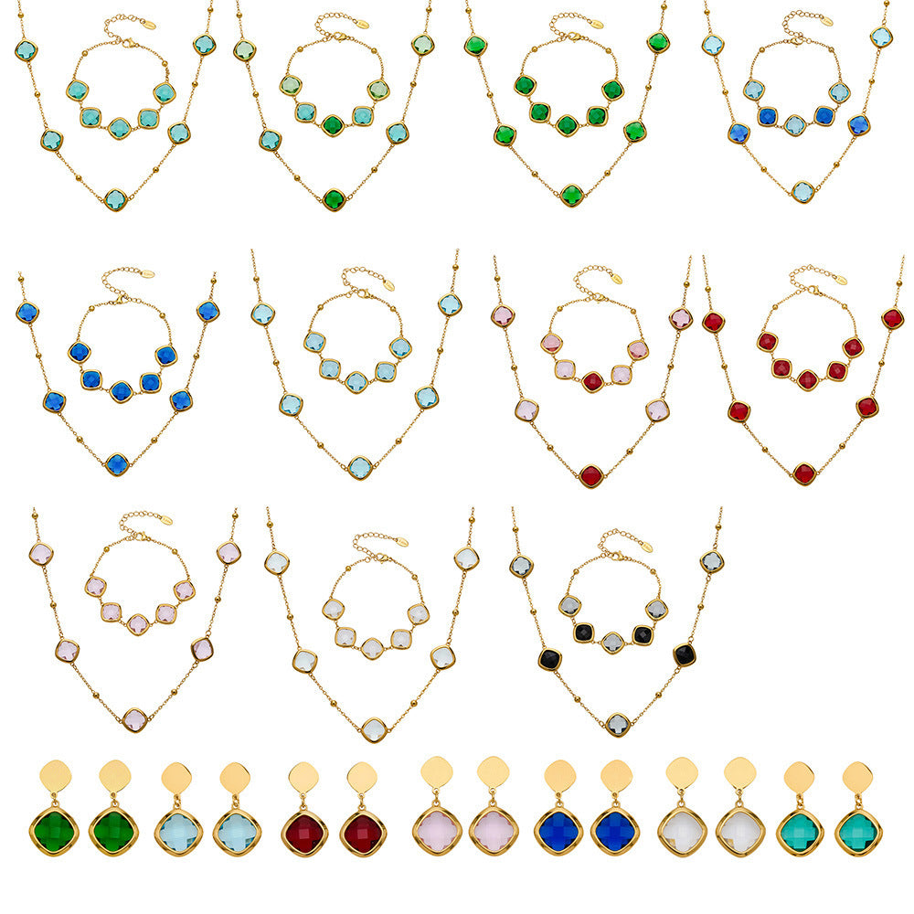 B廠【TXP512】不銹鋼正方形切面玻璃石手鍊項鍊耳環套裝歐美風潮酷氣質珠寶首飾
 25.12-2