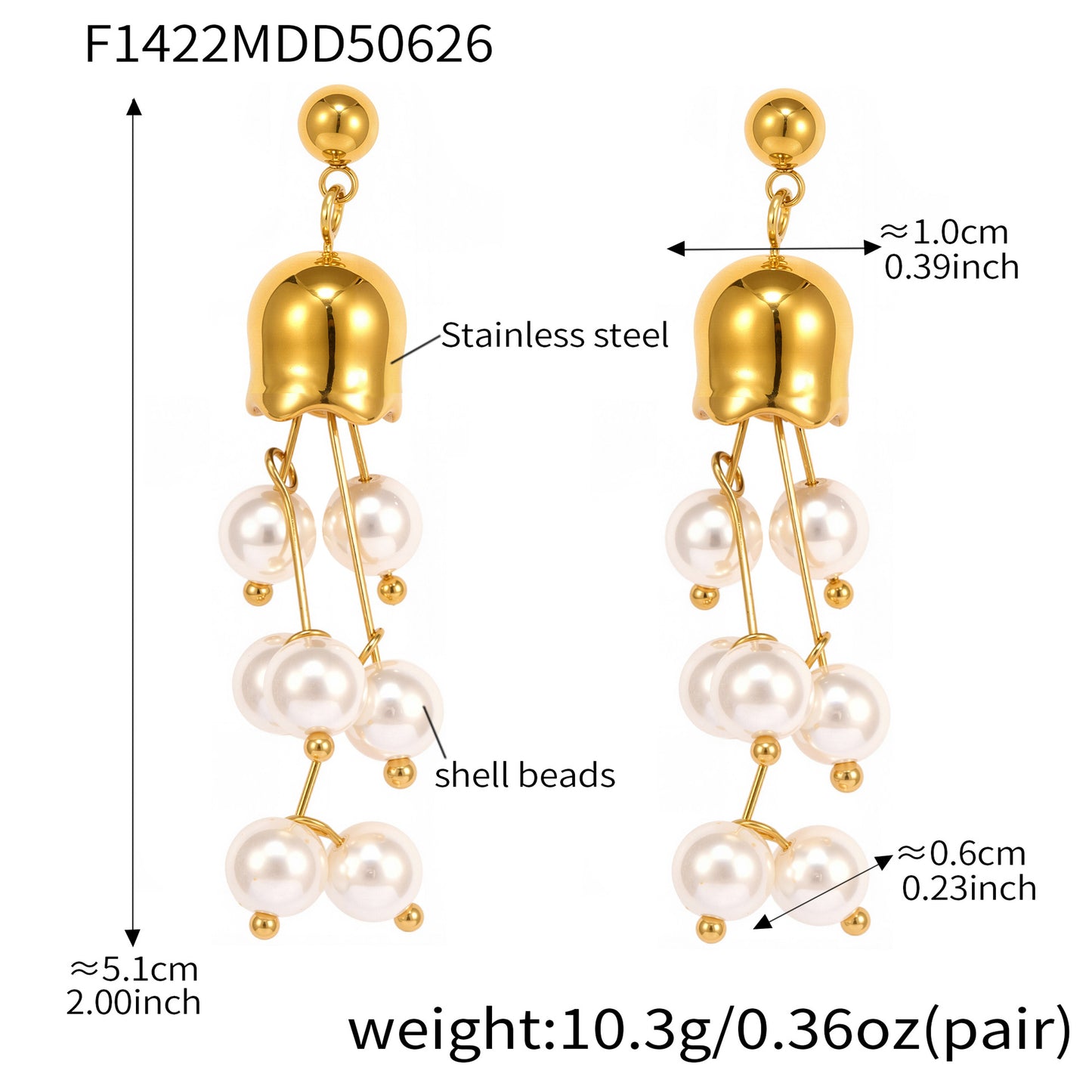 B廠【F1422】天然綠東陵石貝珠流蘇小葡萄造型耳環不鏽鋼18k鍍金耳環女 25.07-1