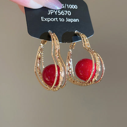 A廠【HE28963】925銀針紅色多層愛心圓球耳圈復古港風耳環耳環輕奢高級感耳飾女
 25.10-4