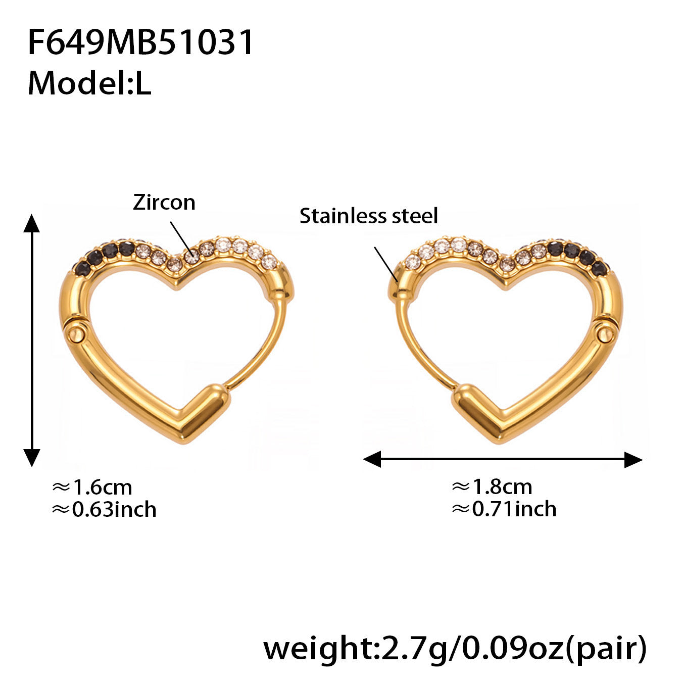 B廠【F649】跨境新款愛心彩色鋯石耳環耳環不鏽鋼鍍18k金時尚百搭耳飾
 25.11-1