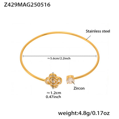 B廠【Z426】歐美INS風5A鋯石花朵帶鑽孔開口手鐲組合不鏽鋼鍍18k真金手鐲子 25.05-4