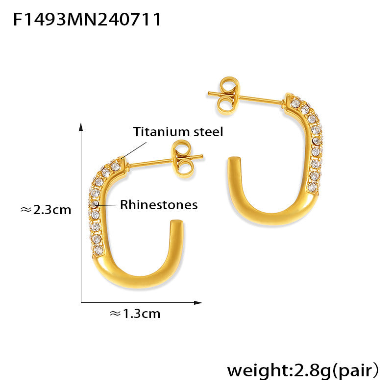 B廠【F1493】熱銷歐美風金色鑲鑽C型耳環鈦鋼鍍18k金輕奢時尚高級感耳飾 24.07-3