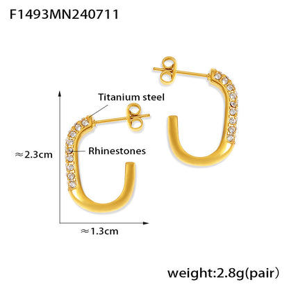 B廠【F1493】熱銷歐美風金色鑲鑽C型耳環鈦鋼鍍18k金輕奢時尚高級感耳飾 24.07-3