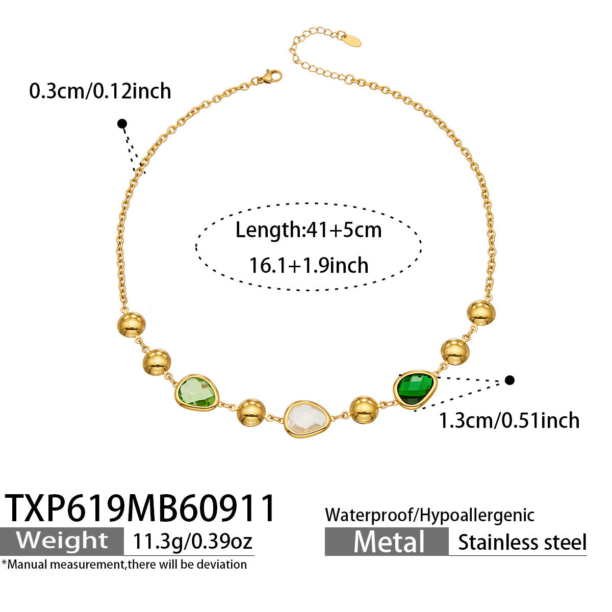 B廠【TXP619】歐美風彩面玻璃石不銹鋼鍍金不規則高級感不掉色項鍊手鍊套裝飾品 26.09-3